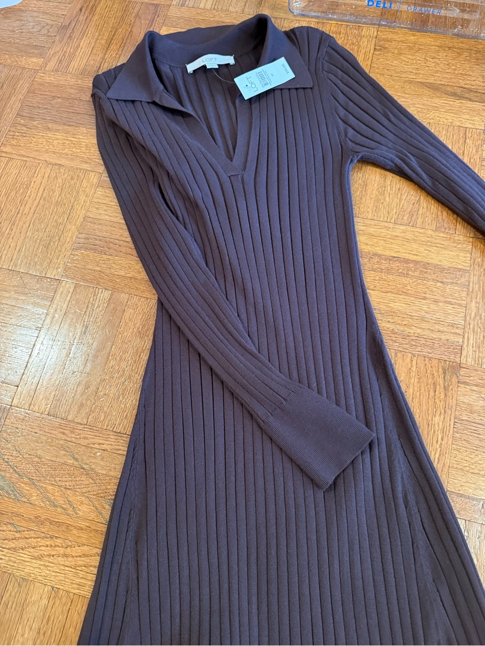 LOFT Ribbed Midi Polo Long-Sleeve Sweater Dress in Dark Brown